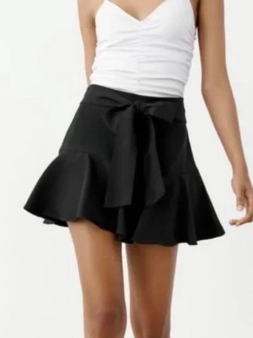 Zara Black Tie-Waist Flounce Mini Skirt